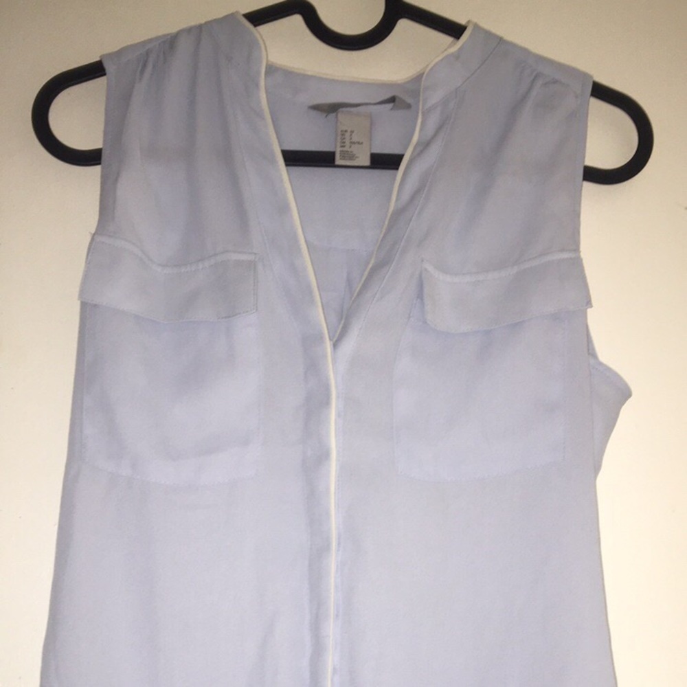 baby blue button up flowy sleeveless blouse